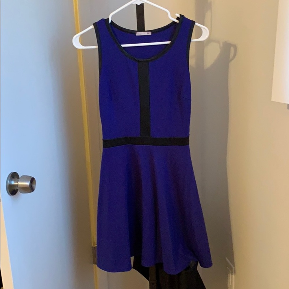 Cobalt blue dress with faux-leather detail